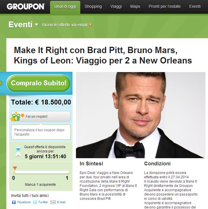 Groupon lancia un deal con Brad Pitt a supporto di Make It Right