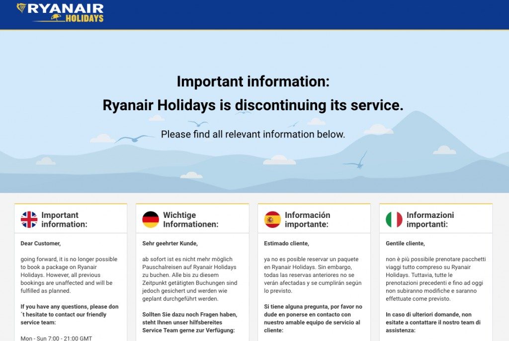 Ryanair Holidays chiude l’operatività