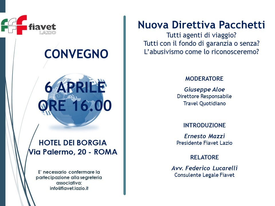 Fiavet Lazio: domani il convegno sulla nuova direttiva pacchetti