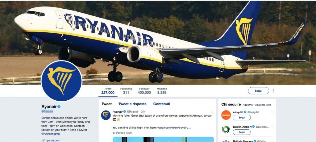 Ryanair apre un nuovo profilo twitter italiano molto più aggiornato
